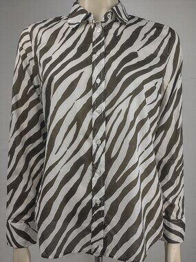 NWT Talbots brown white zebra print semi sheer button up shirt Petite Medium